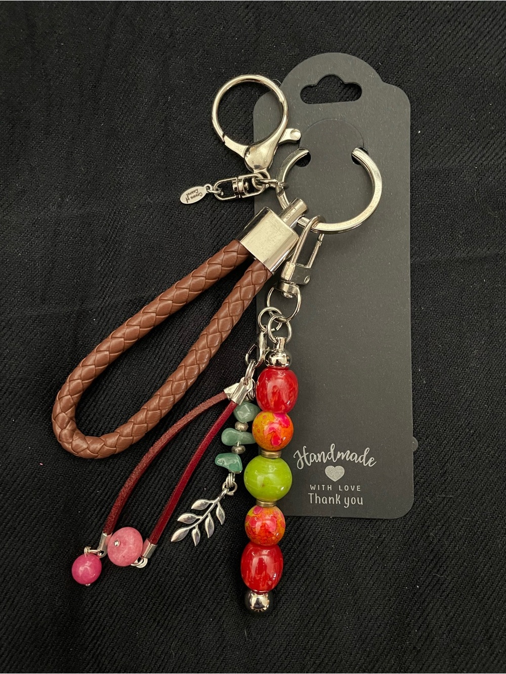 Handmade Brown Braided Keychain with Red & Green Bead Charm